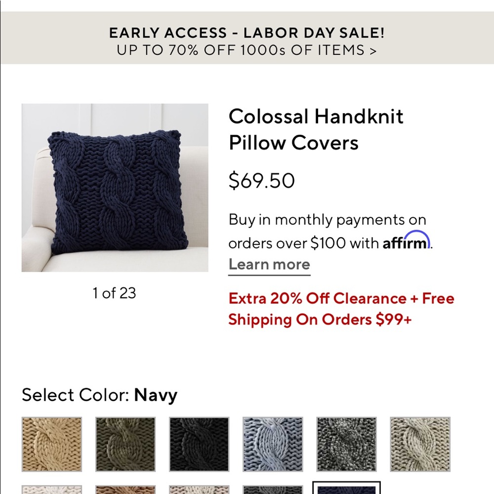 Pottery Barn Navy colossal hand knit pillow cover
